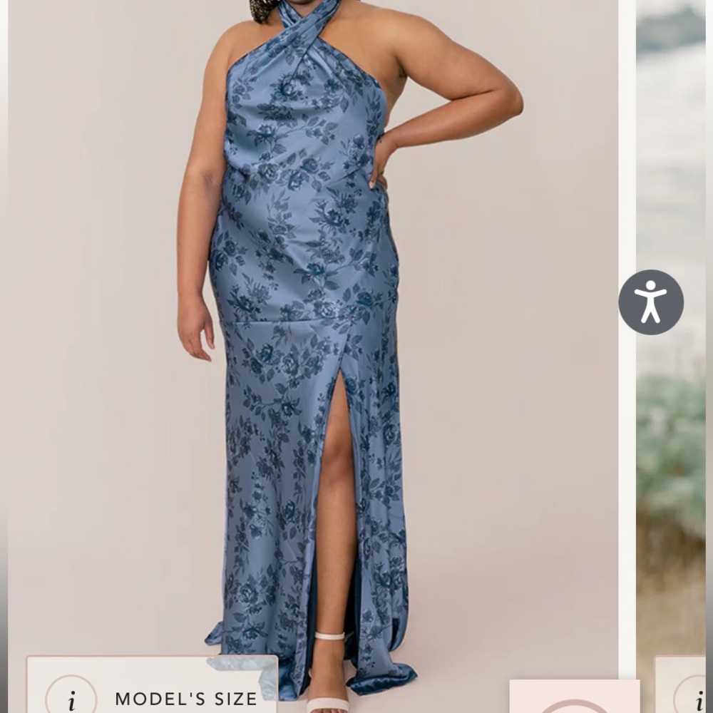 Revelry Athena Satin Floral Print Dress with Slit in Indie Blue